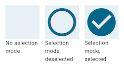 Renders of the three different states: No selection mode is an empty blue box, selection mode and deselected shows a blue box with empty circle in it, and selection mode and selected shows a blue box with a checkmark in it.