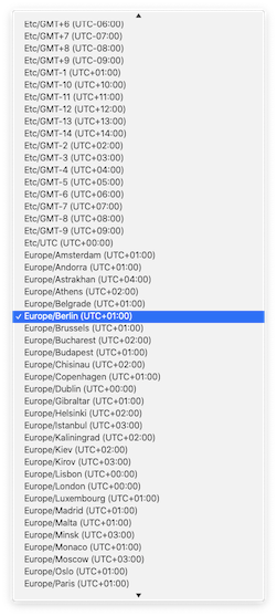 Screenshot of a list of alphabetically ordered timezones, focus on Europe/Berlin.