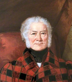 A painted portrait of an elderly man with white hair and sideburns, wearing a red and black checkered coat with a high collar. He has a stern expression and is seated against a dark background with a hint of red upholstery