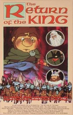 VHS cover art for Rankin/Bass Return of the King. Frodo is centered, with other character faces in little bubbles along the side, and an army across the bottom.