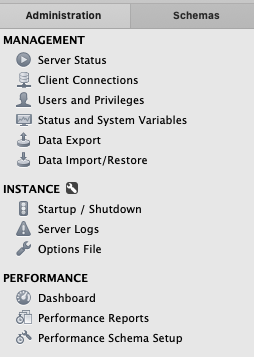 The administration tab in MySQL Workbench with all the available headers underneath