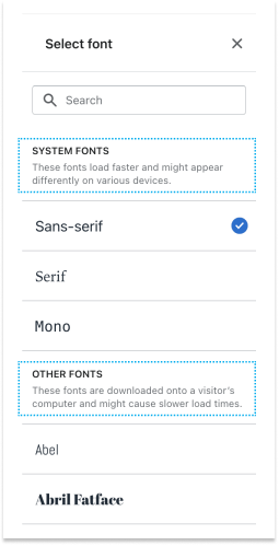 A screenshot of the font picker in Dawn, highlighting the helper text on the performance impacts of the font choices.