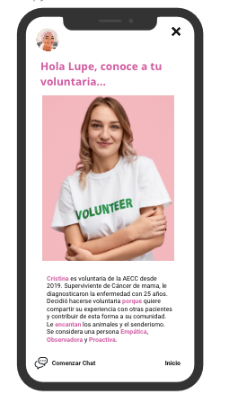 Se muestra la pantalla de la app con la descripción de la voluntaria de la AECC que te han asignado. Esto sirve para que la conozcas un poco más.