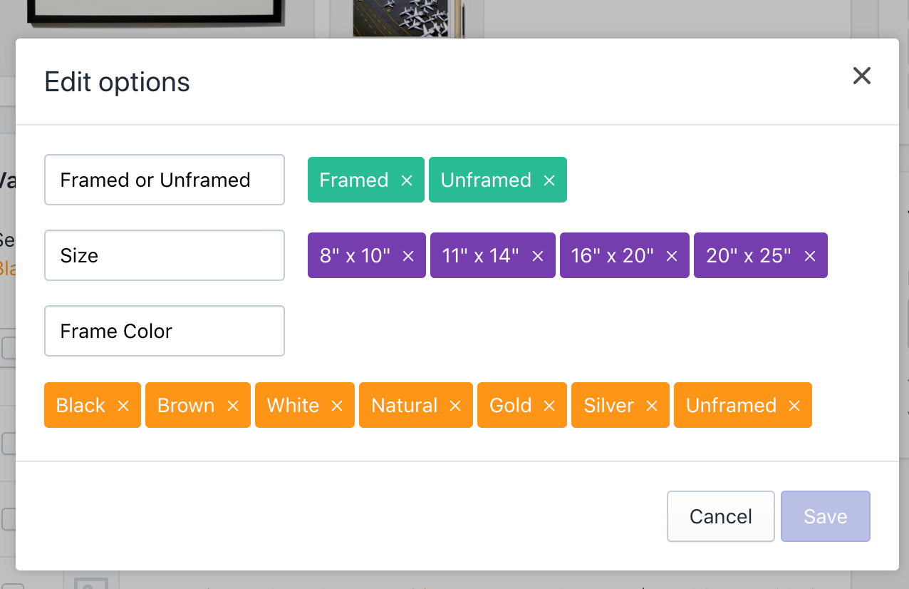 Example of a product option definition from the Shopify admin interface.