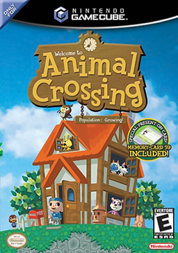 The game cover for Animal Crossing (2002) released on the GameCube. It features the title of the game and below that is a multi-story house in which characters look out the windows toward the viewer. A player walks out of the open front door. Next to them is a gyroid, a character created by the game. In the distances are trees and another villager walking toward the home.