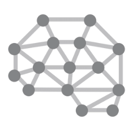 A flat monochrome drawing of a brain with dots and lines as connecting points.