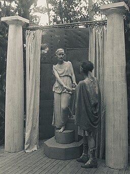 Katharine Cooke and unknown actor in a theatrical adaptation of “Pygmalion and Galatea”, 1918. Courtesy of Wikimedia Commons.