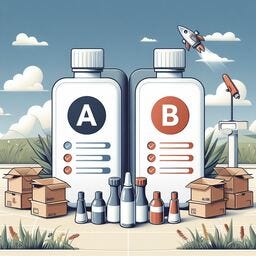 Une illustration d’un test A/B sur fond bleu ciel avec deux versions d’un produit en forme de bouteilles, comme exemple de méthode de recherche post-lancement.
