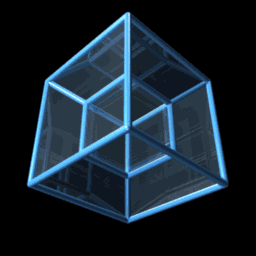 WikiCommons animate GIF rotation by Jason Hise, 21 February 2007. A symmetrical geometrical figure in blue 3-D on a black background — a four-dimensional analog of a cube — appears to continually unfold and reconfigure itself, illustrating ideas of higher dimensions dimension. https://commons.wikimedia.org/wiki/File:8-cell-orig.gif