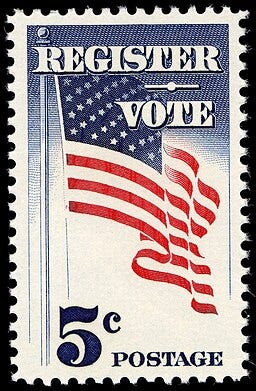 Image of a vintage style postage stamp showing the U.S. flag with the words “Register” and “Vote” as well as indicating it is a 5 cent stamp