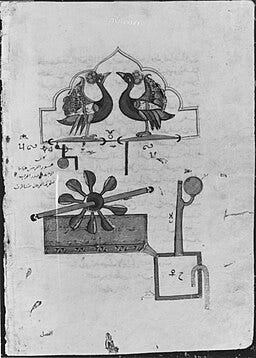 Design for the Water Clock of the Peacocks, from the Kitab fi ma’rifat al-hiyal al-handasiyya (Book of the Knowledge of Ingenious Mechanical Devices) by Badi’ al-Zaman b. al Razzaz al-Jazari. Courtesy of Wikimedia Commons.