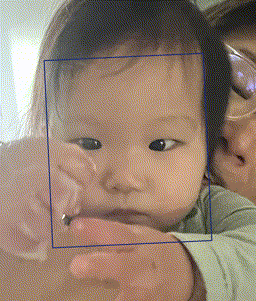 Early render of image alignment, with babies faces surrounded by a blue outline.