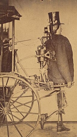 A photograph of the Steam Man, a steam powered vehicle invented by American inventors Zadoc P. Dederick and Isaac Grass. Patent # 75874. Courtesy of Wikimedia Commons.