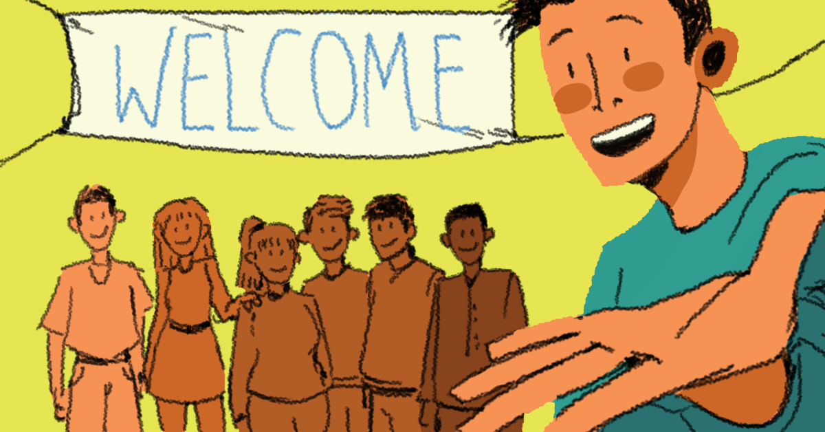 Illustration of people standing under a "welcome" sign and a person giving a hand