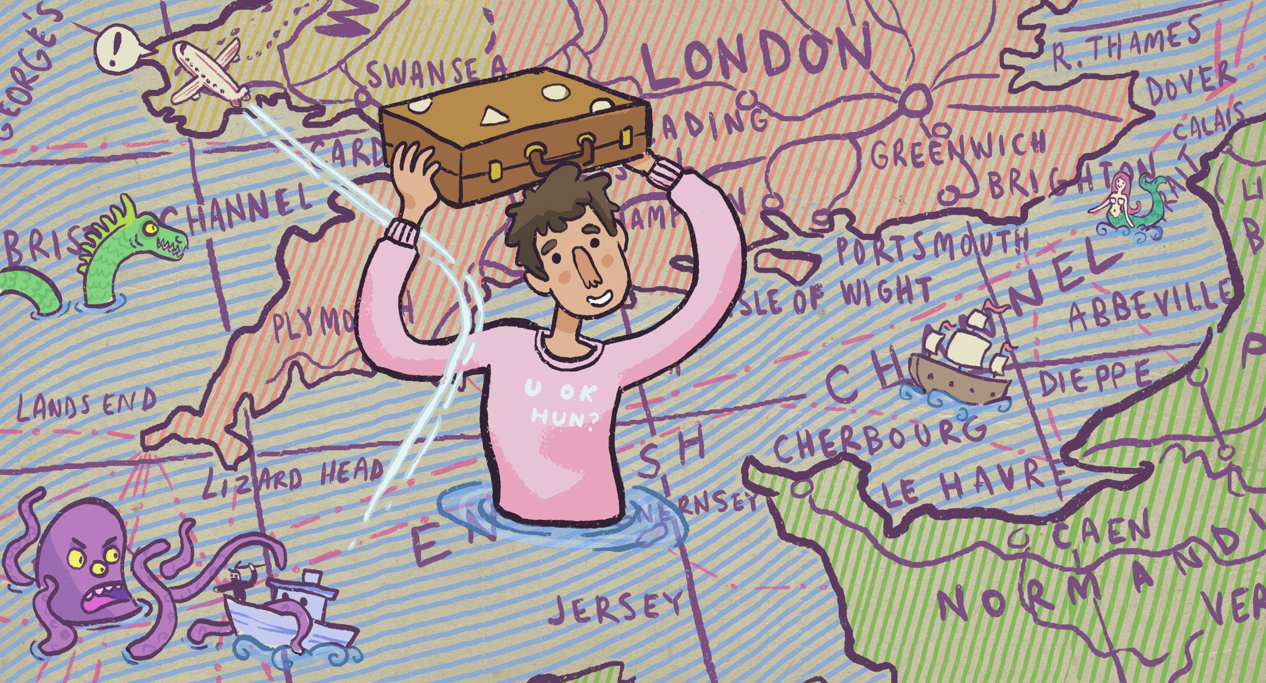 Illustration of a map with a man in the middle of the ocean with his lugagge above his head. His t-shirt says "u ok, hun?".
