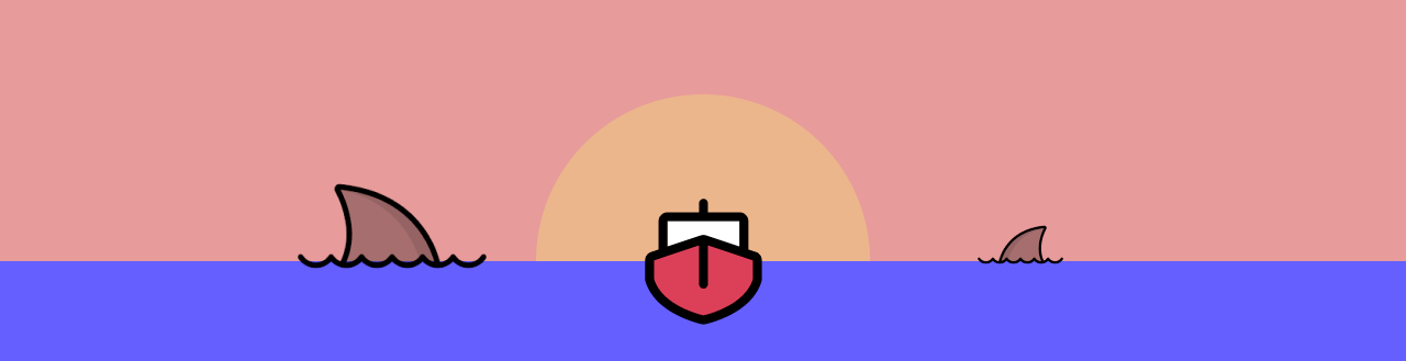 Illustration of a boat sailing away from a sunset, with sharks swimming near, their fins visible.