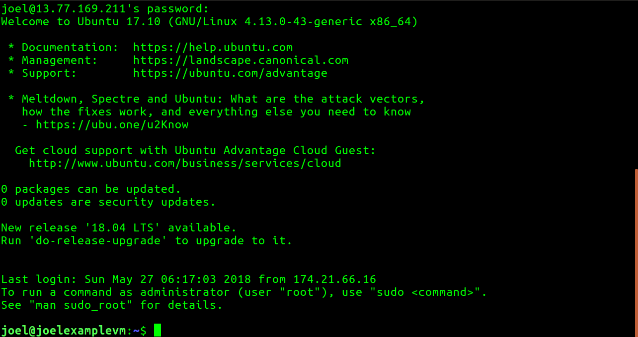 Secure shell logged into an Ubuntu Server VM.