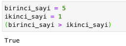 Birinci sayı ikinci sayıdan büyük olduğu için burada “True” sonucu dönecektir.