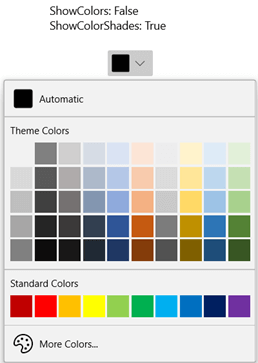 WinUI DropDown ColorPalette displaying Theme Colors with their shades and Standard Colors