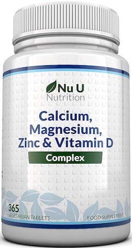A jar of Calcium, Magnesium, Zinc & Vitamin D pills