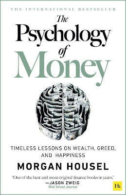 Front Cover of the book ‘The Psychology of Money’. It showcases a top down horizontal cross-section of a human brain in black and white with the ridges made to look like a meandering maze hidden within the brain. On closer inspection the ridges and walls of the maze seem to made of several American currency bills.