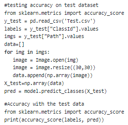 A snippet shows code of testing accuracy on test dataset.