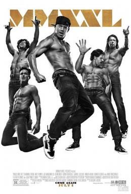 The movie poster for Magic Mike XXL features the five men in the main cast in varying jumping poses, wearing jeans and no shirt.