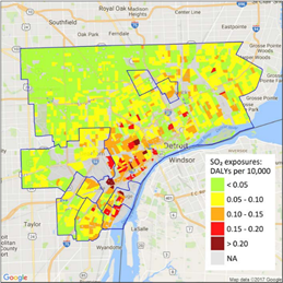 Heat map of Detroit city counties with the most health risks due to SO2 exposures highlighted in red and the counties with the least health risks due to exposure in green. Downtown Detroit has the most red and the suburbs have the most green.