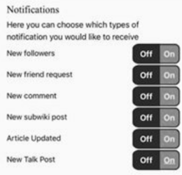 Notifications dialog, with Off buttons in black and on buttons in grey