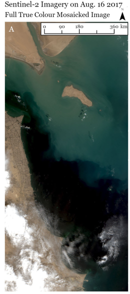 True Colour Imagery of the coast of Kuwait. The ocean appears dark close to the coast and light in the northern coast. There is some cloud cover in southern portion of the image