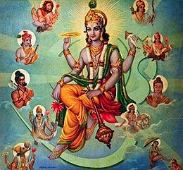 Lord Vishnu and his ten avatars- Matsya, Kachhapa, Varah, Narsimha, Vamana, Parashurama, Rama, Krishna, Buddha and Kalki