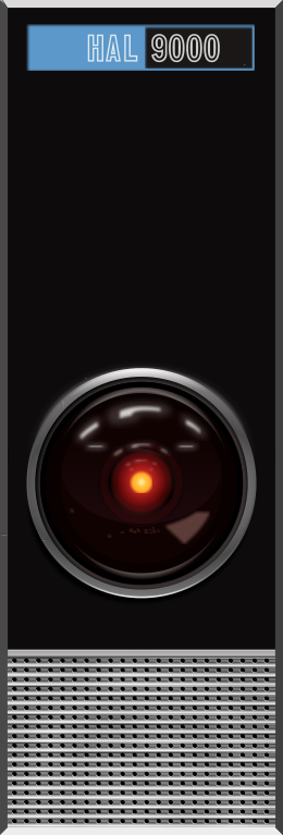 An image of HAL-9000 from 2001 A Space Odyssey — black background, camera lens with a sinister orange-red light dot in the centre.