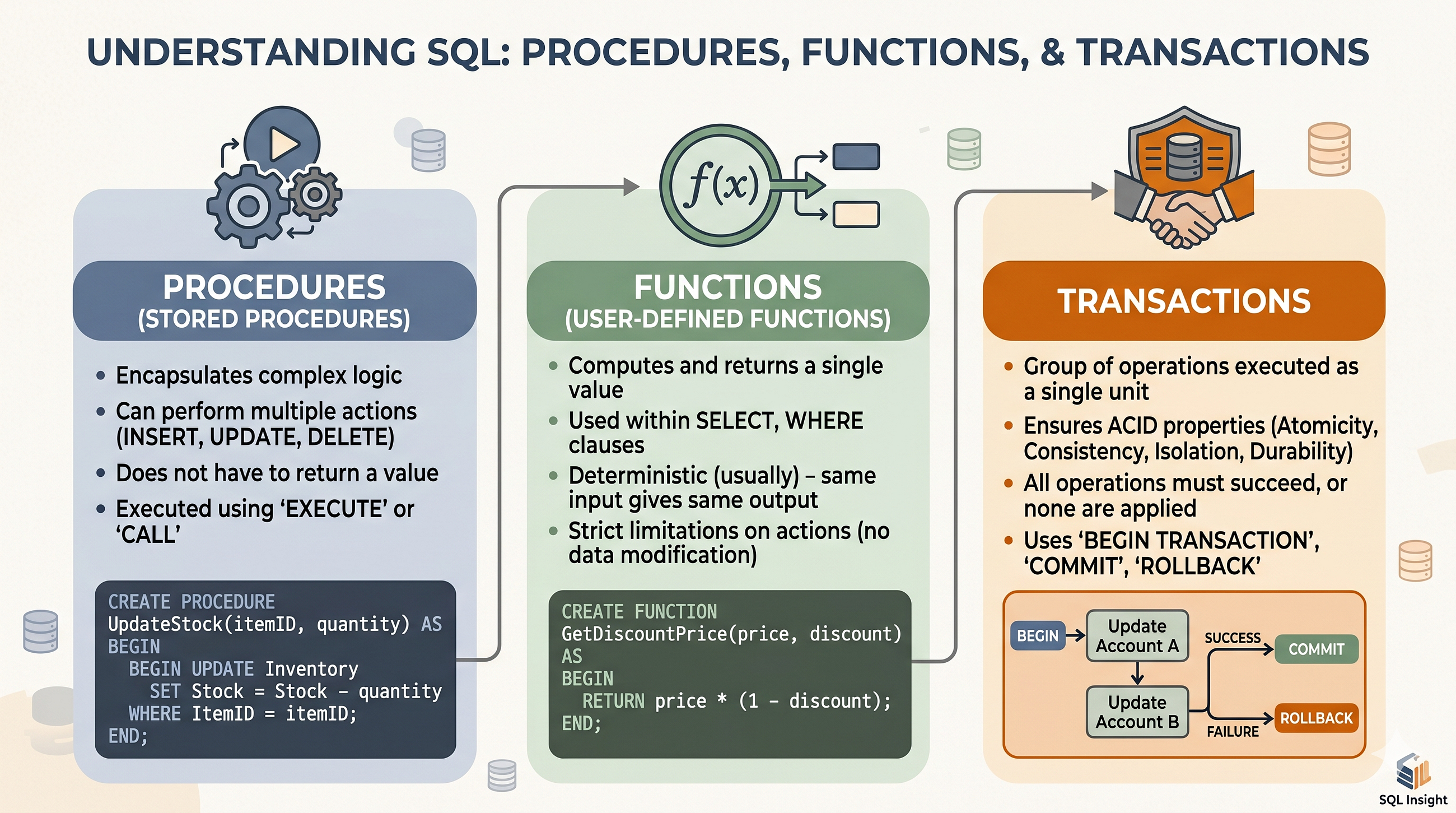 Understanding Logic, Reusability and Integrity On SQL ; Procedures, Functions and Transactions.