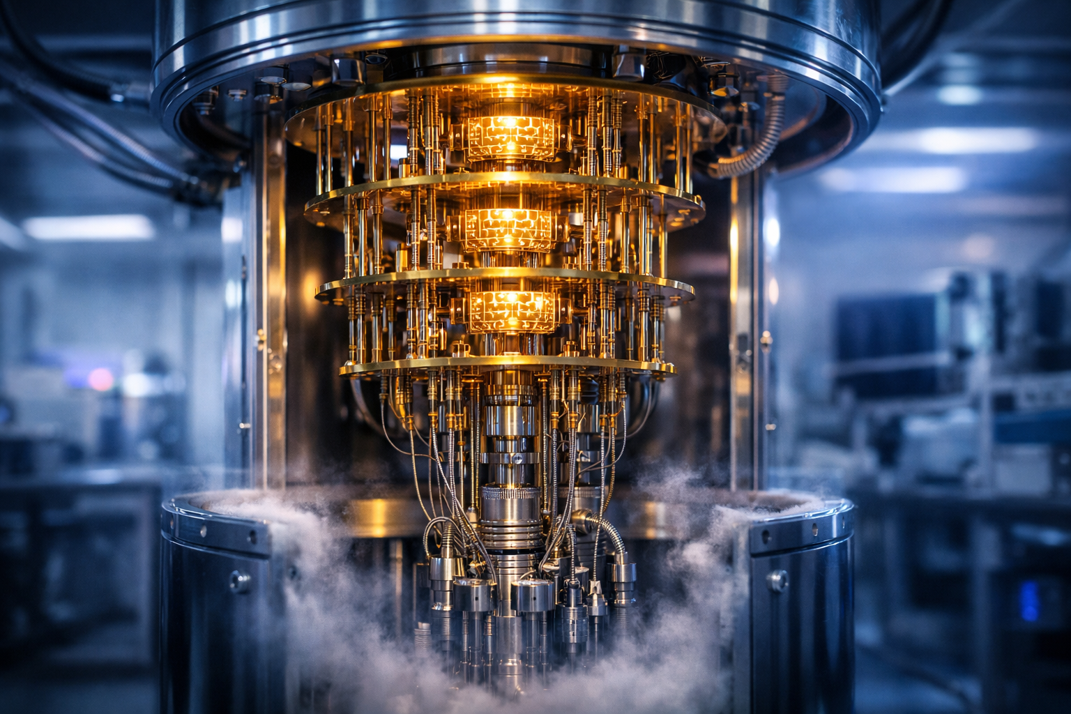 Cross-sectional visualization of a superconducting quantum computer inside a cryogenic dilution refrigerator