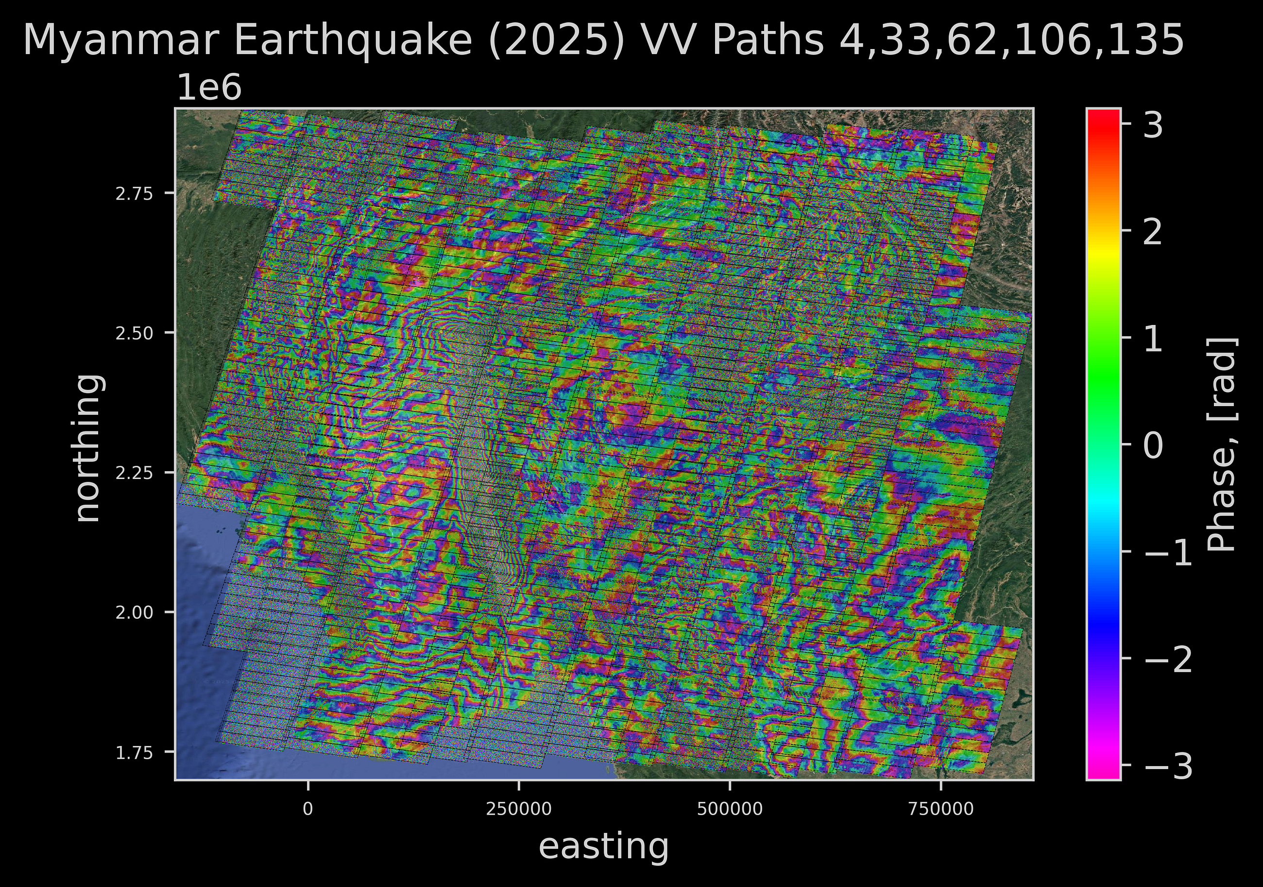 InSAR.dev Sentinel-1 Interferogram: Myanmar Earthquake (2025), VV Polarization, Paths 4 | 33 | 62 |…