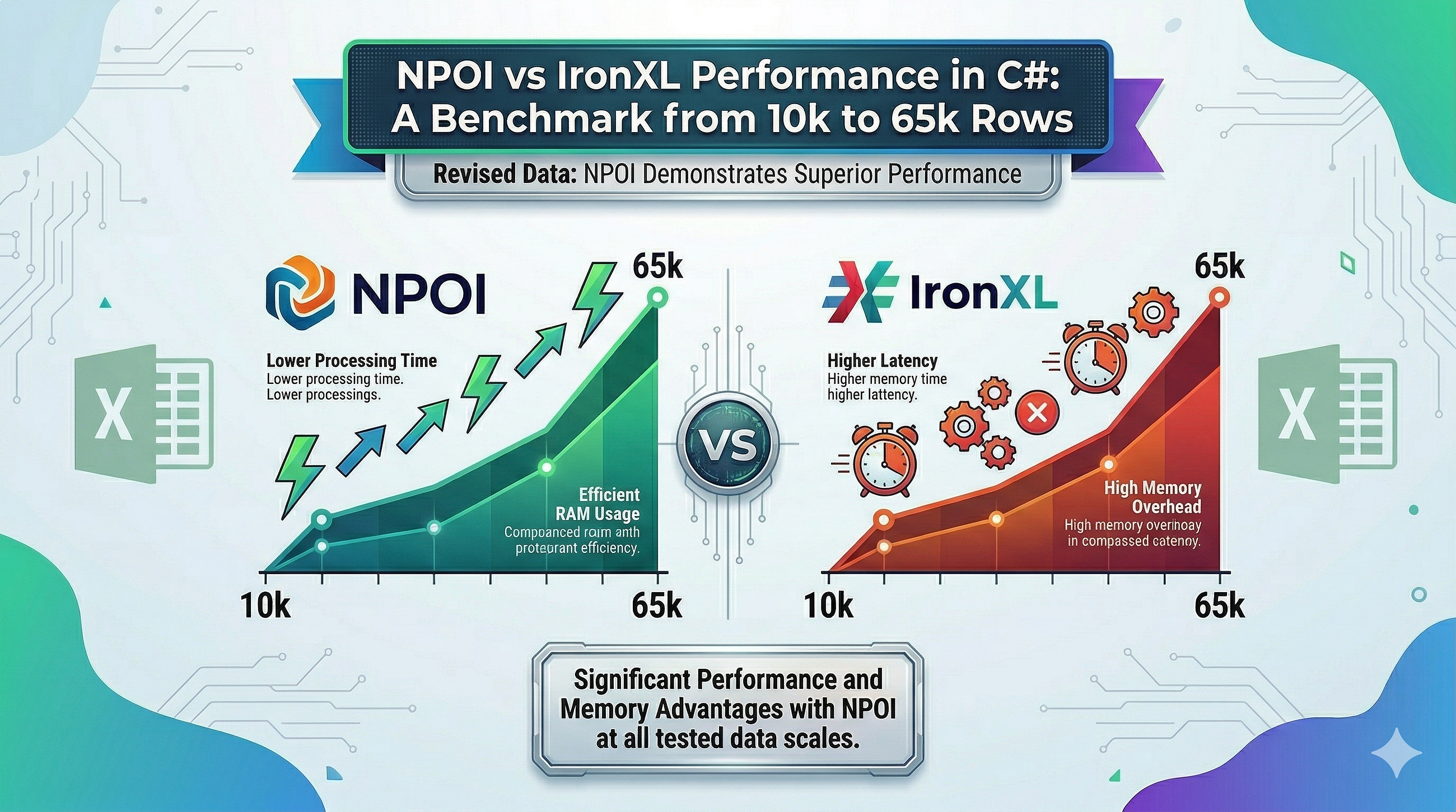 NPOI vs IronXL Performance in C#: A Benchmark from 10k to 65k Rows