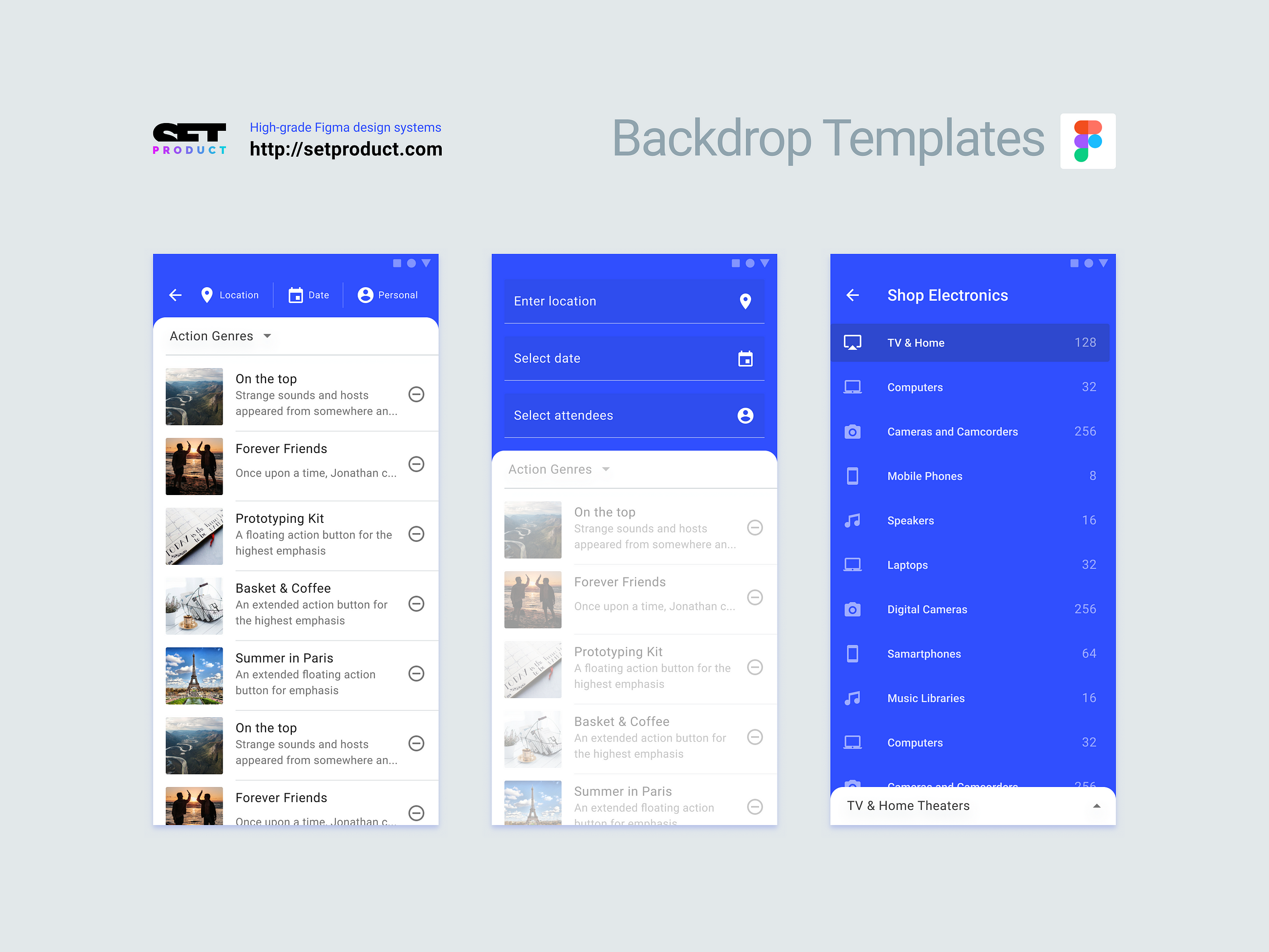 Figma design template. Material 2 Backdrop pattern & Free app layouts