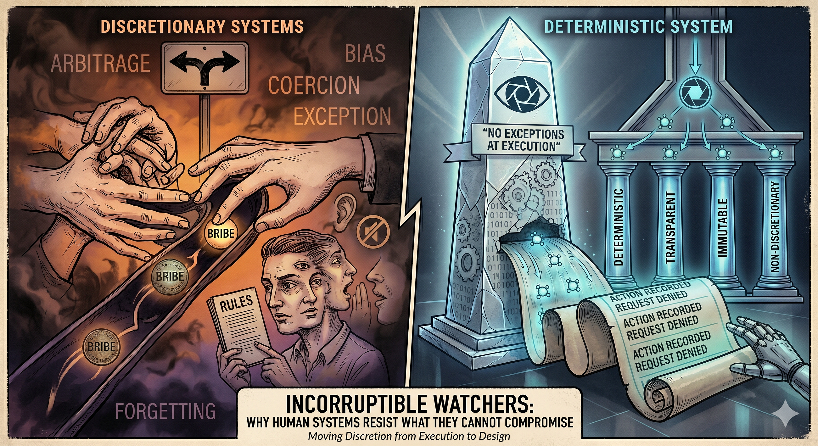 Incorruptible Watchers: Why Human Systems Resist What They Cannot Compromise