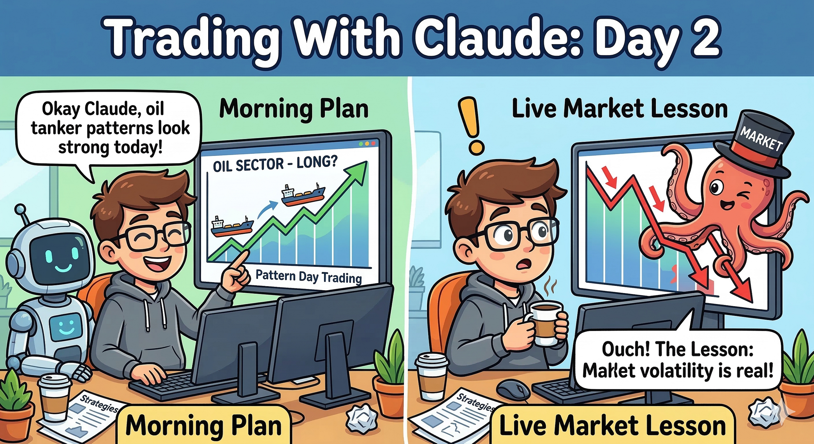 Trading With Claude: Day 2  Oil Tankers, Pattern Day Trading, and a Lesson the Market Taught Me Live