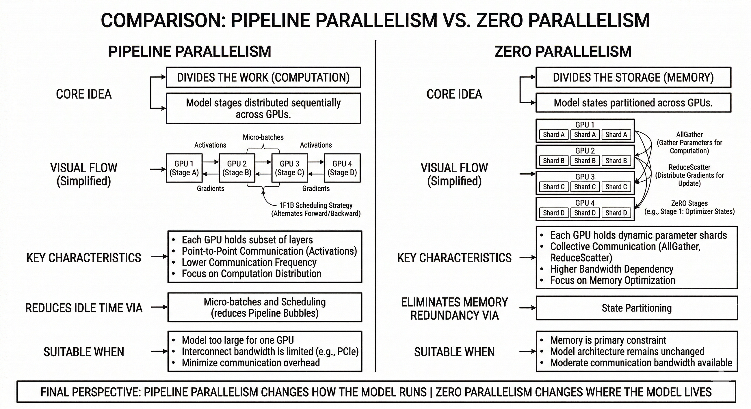 Understanding ZeRO vs Pipeline Parallelism: A Systems-Level Perspective