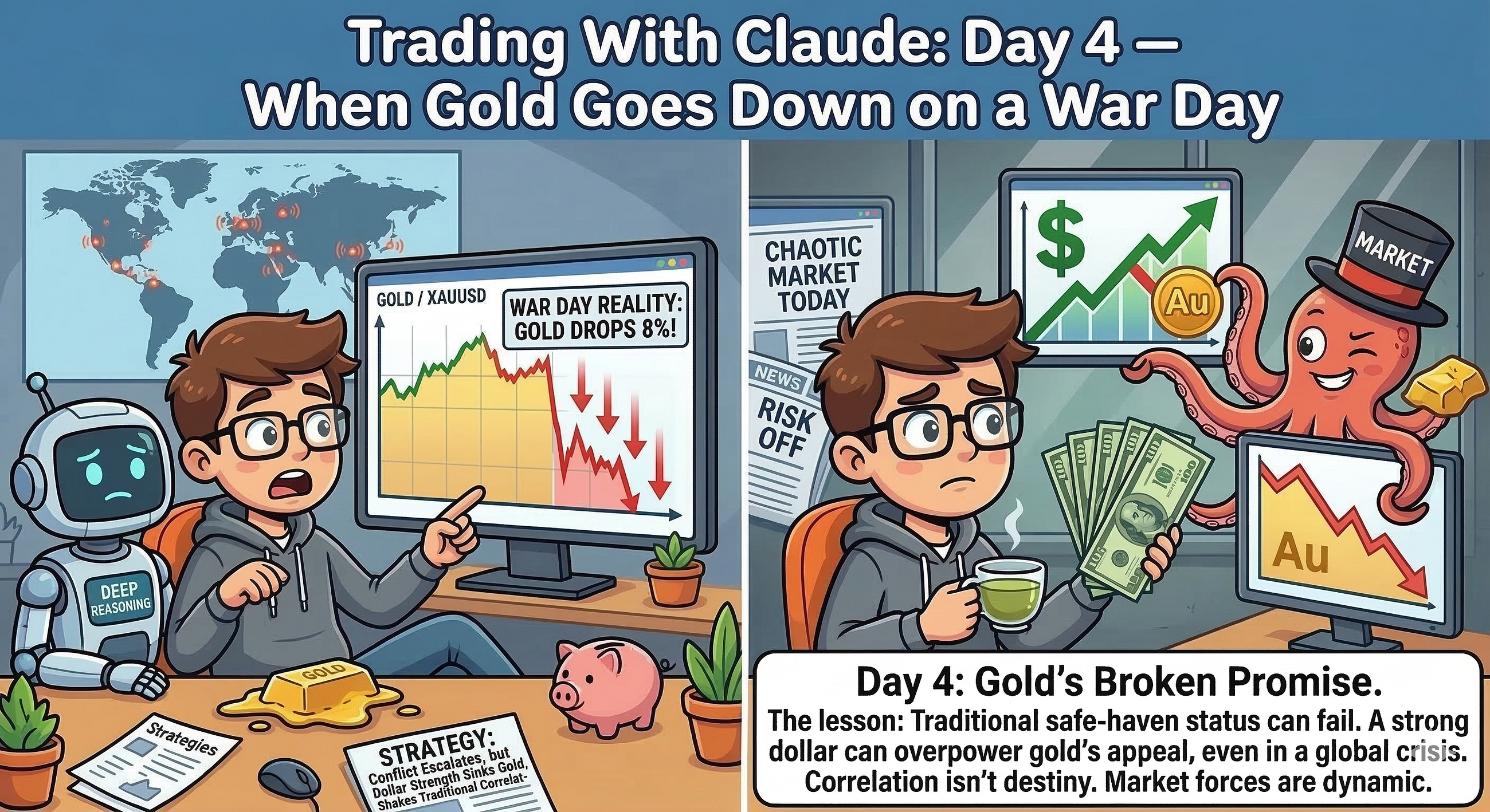 Trading With Claude: Day 4 — When Gold Goes Down on a War Day
