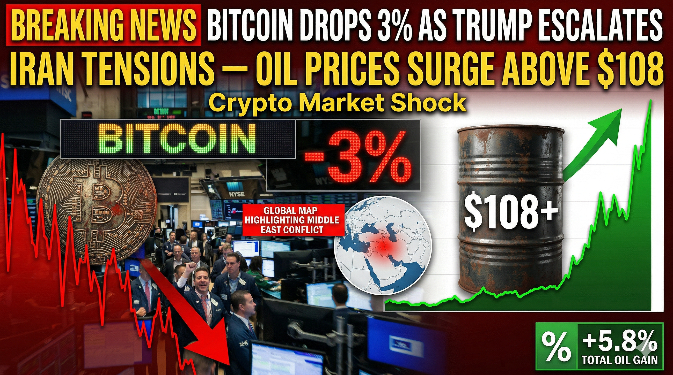 Bitcoin Drops 3% as Trump Escalates Iran Tensions — Oil Prices Surge Above $108