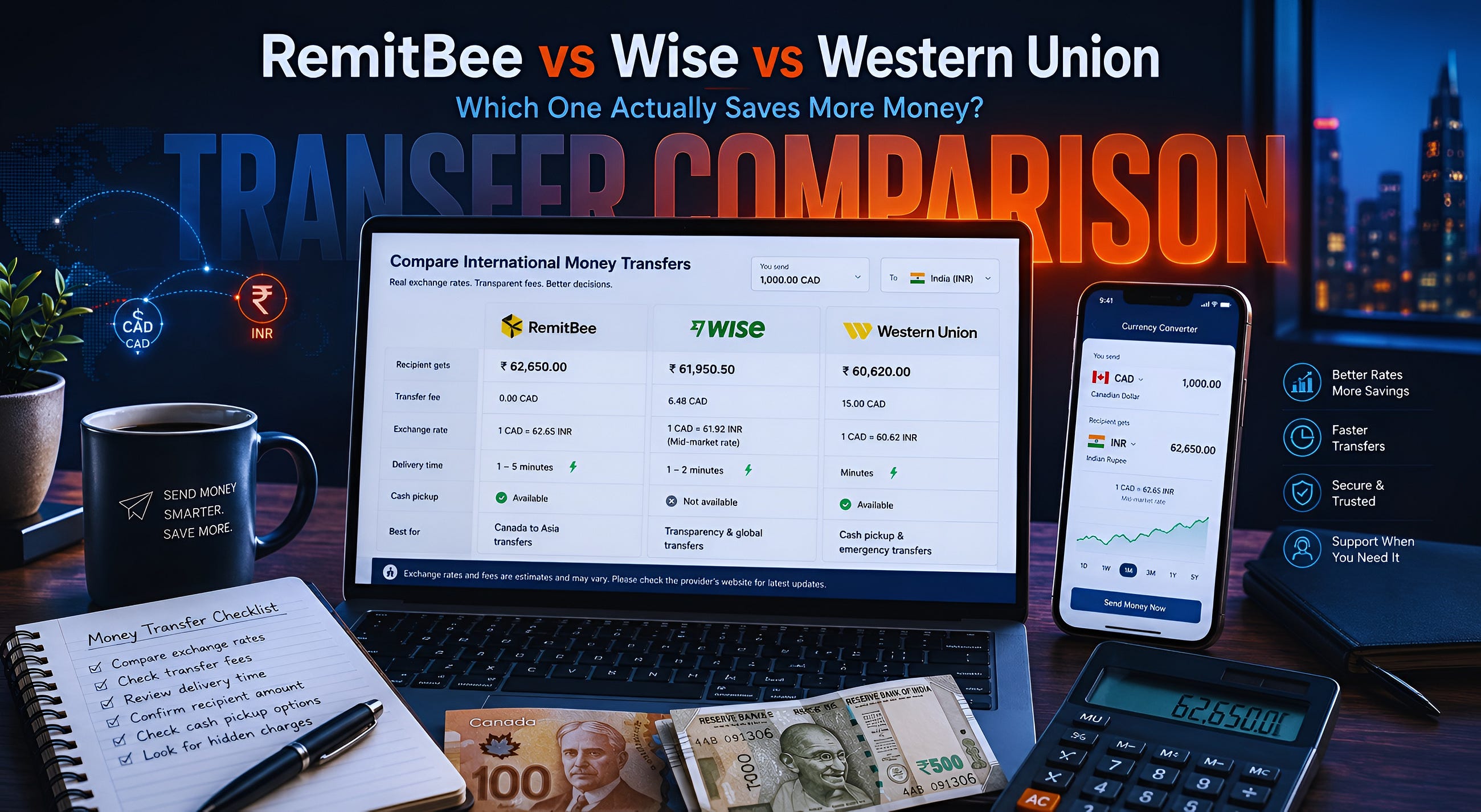 RemitBee vs Wise vs Western Union: Which Transfer App Saves More Money in Canada?