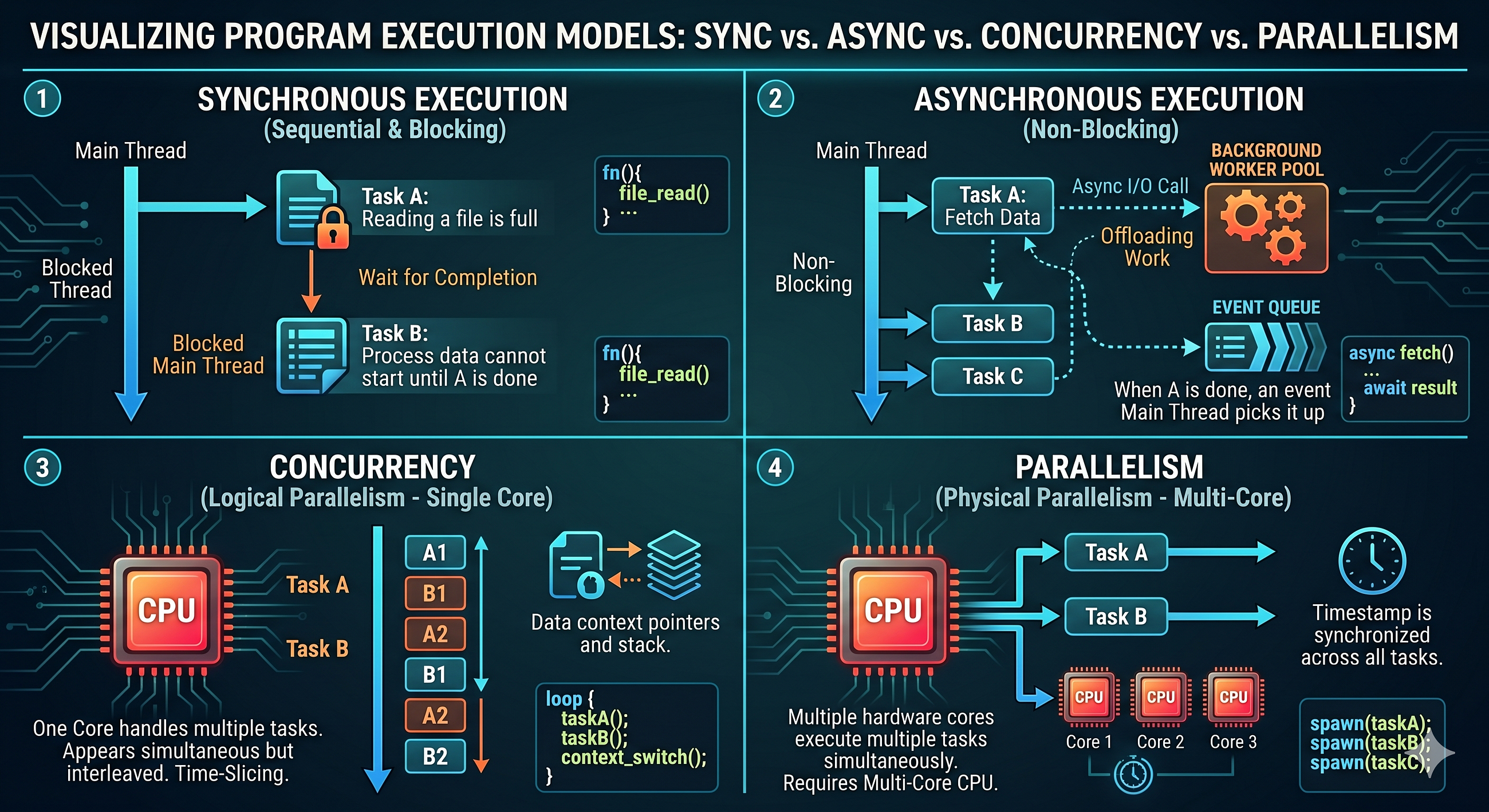 Sync, Async, Concurrent, and Parallel Programming — Simply Explained