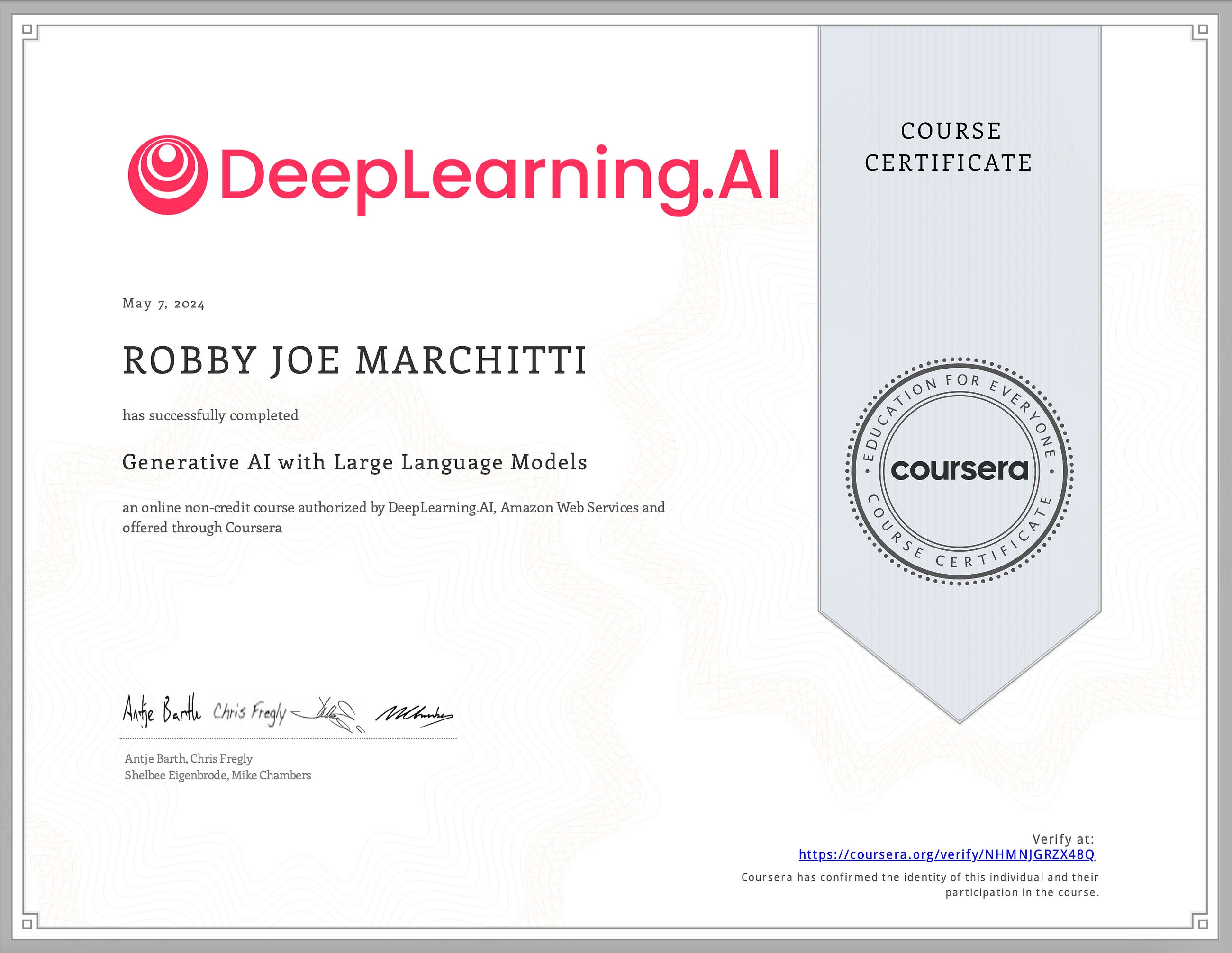 Completed AWS Generative AI with Large Language Models.. Great course!