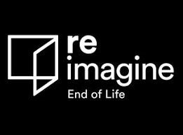 Black box with white logo of a square with an open window and the words re imagine End of Life