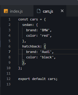 a simple javascript object named as cars and has sedan and hatchback properties with brand and color properties inside