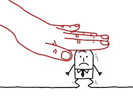 A hand outlined in red threatening to crush a stick man in a suit and tie