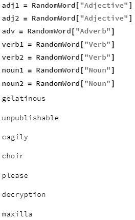 Screenshot showing a list of variables, followed by a list of random words