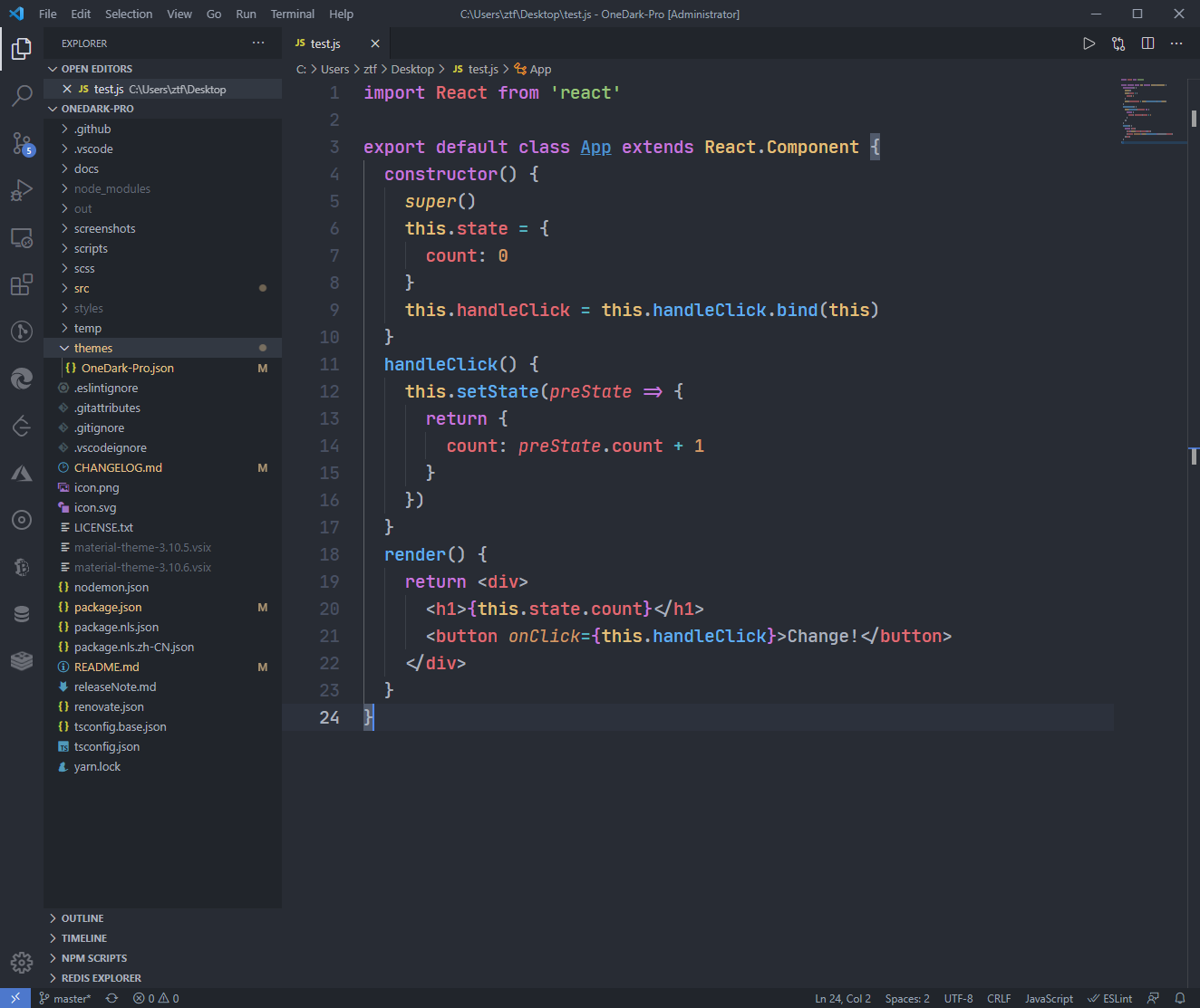 One Dark Pro theme from VS Code Marketplace